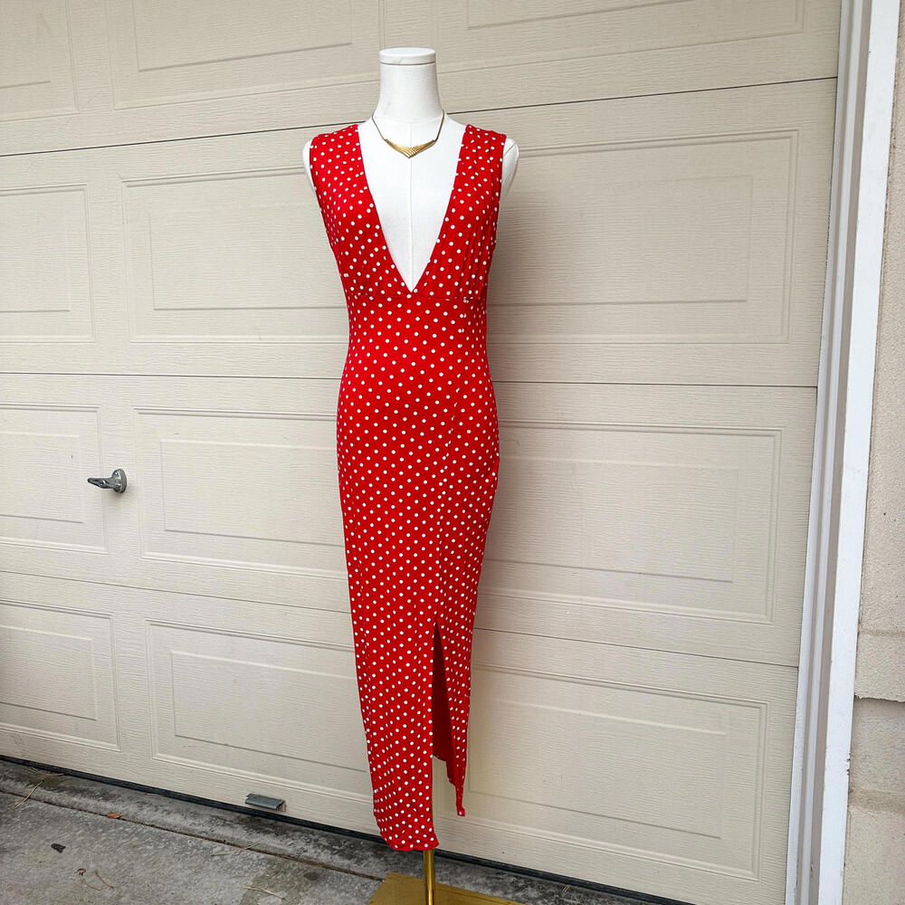 Missguided Red Polka Dot Sexy Midi Dress Women’s US 6 Deep V Slit Dress